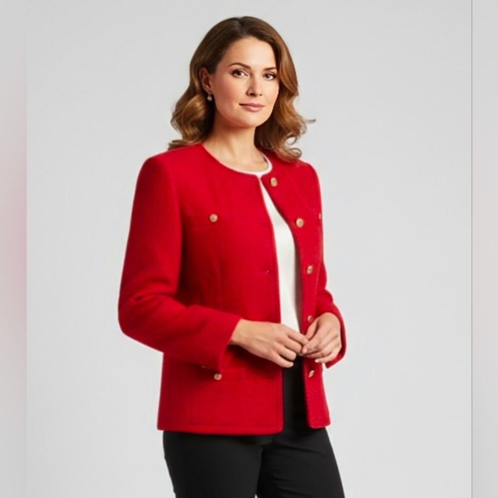 Brooks Brothers Wool Jacket Size 6 Red Boucle Blazer 3/4 Sleeve